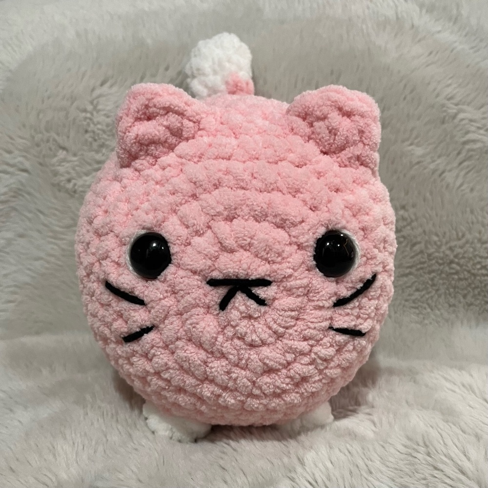 Chubby Pink & White Crochet Cat Plush - Amigurumi Stuffed Animal